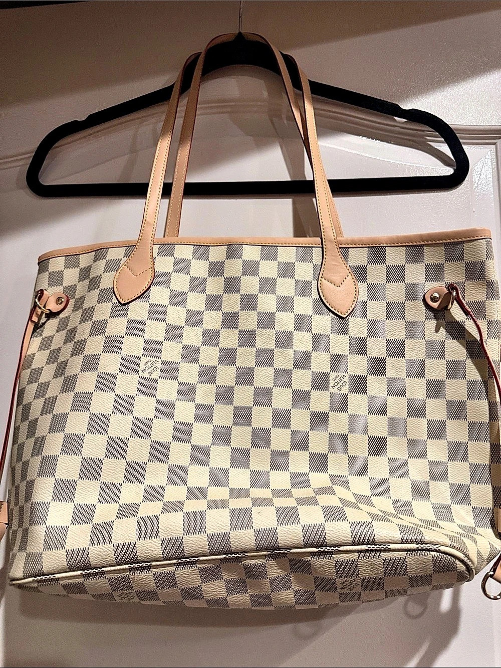 Designer inspired Faux Neverfull MM Checkered Tote in White & Brown BNWOT